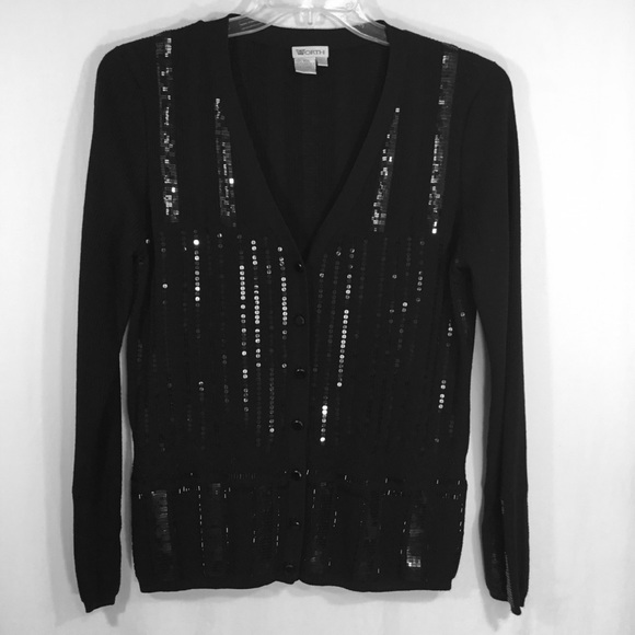 Worth Sweaters - Worth Black Large Dressy Sequined Buttoned Sweater